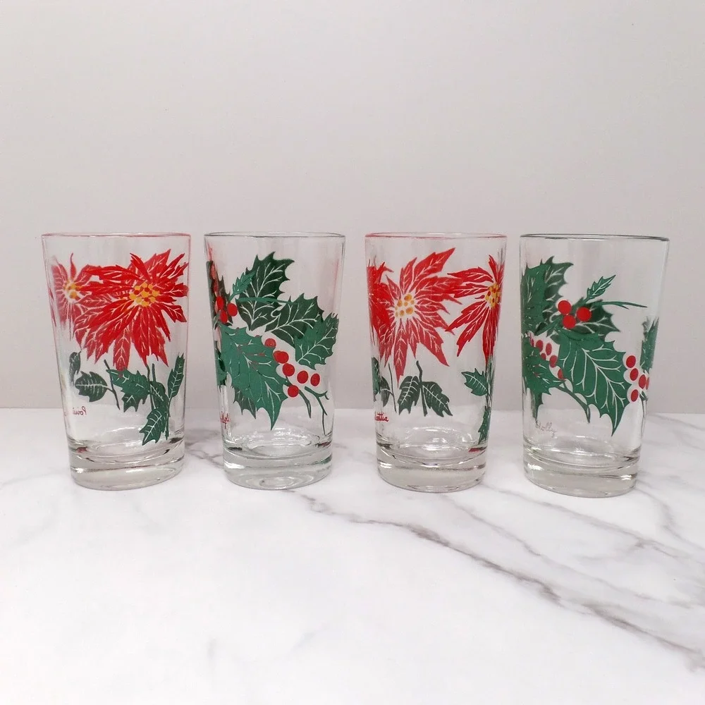 Vintage Christmas Glasses: Poinsettia & Holly - Set of 4 (1960s)